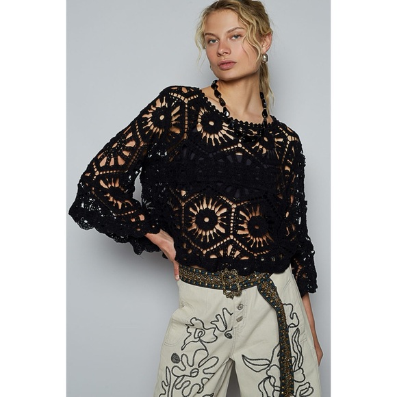 POL Black Crochet Top | Boho Bell Sleeve Knit | Summer Goth Festival Vibe - Picture 6 of 7